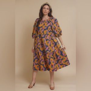 Moodie Floral Blue Purple Dress Size Large Puffy Sleeves